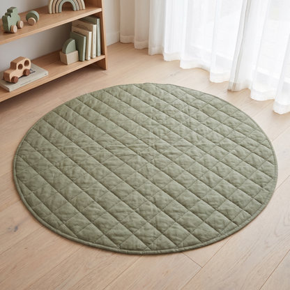 Little Teekie Quilted French Linen Round Play Mat | 115cm, Machine Washable – Olive – lifestyle hero