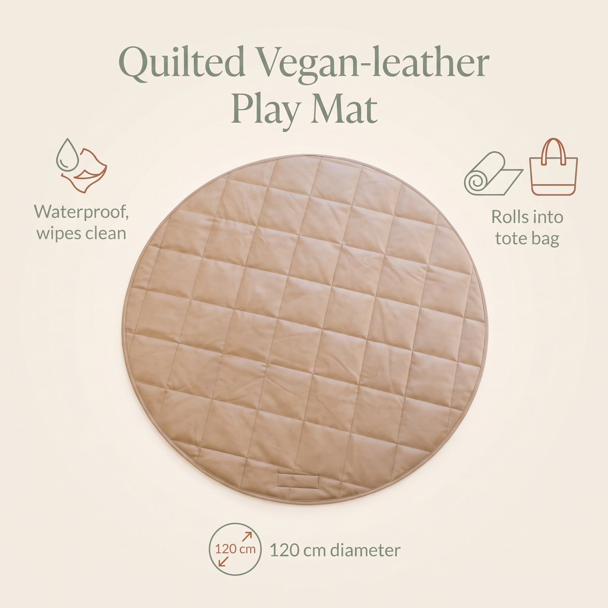 Little Teekie Vegan Leather Quilted Round Play Mat | Waterproof 120cm with Tote – Tan – key features