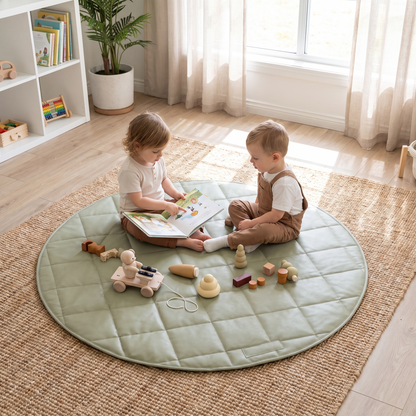 Little Teekie Vegan Leather Quilted Round Play Mat | Waterproof 120cm with Tote – Sage – styled in a nursery
