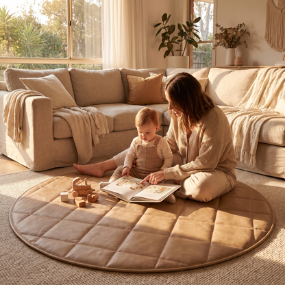 Little Teekie Vegan Leather Quilted Round Play Mat | Waterproof 120cm with Tote – Tan – styled in a living room