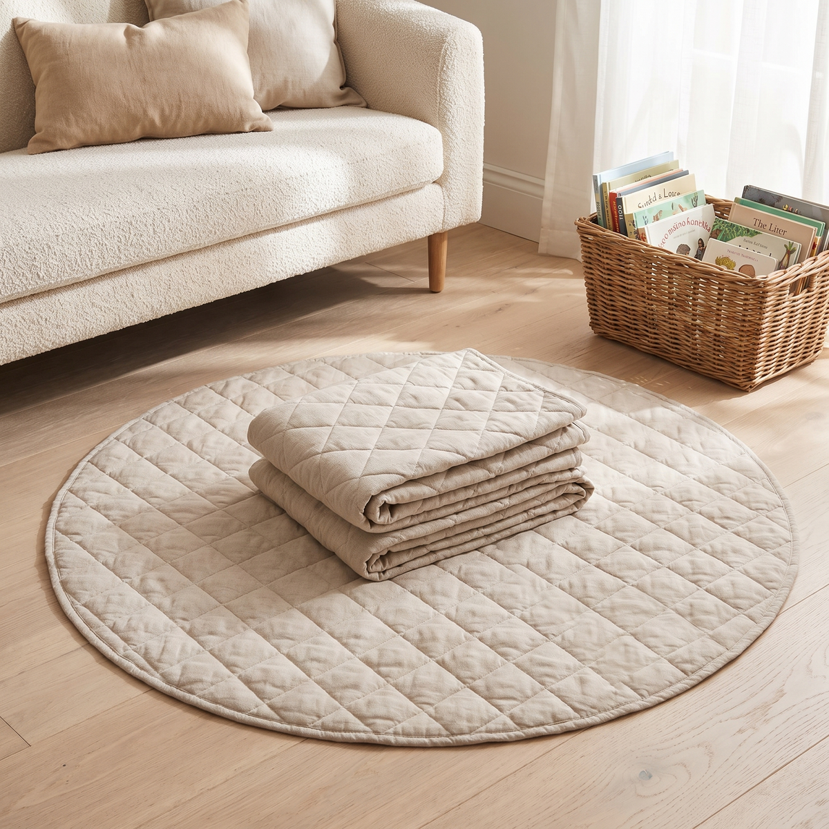 Little Teekie Spare Linen Play Mat Cover | Fits 115cm Round Mat, Machine Washable – Natural – lifestyle hero