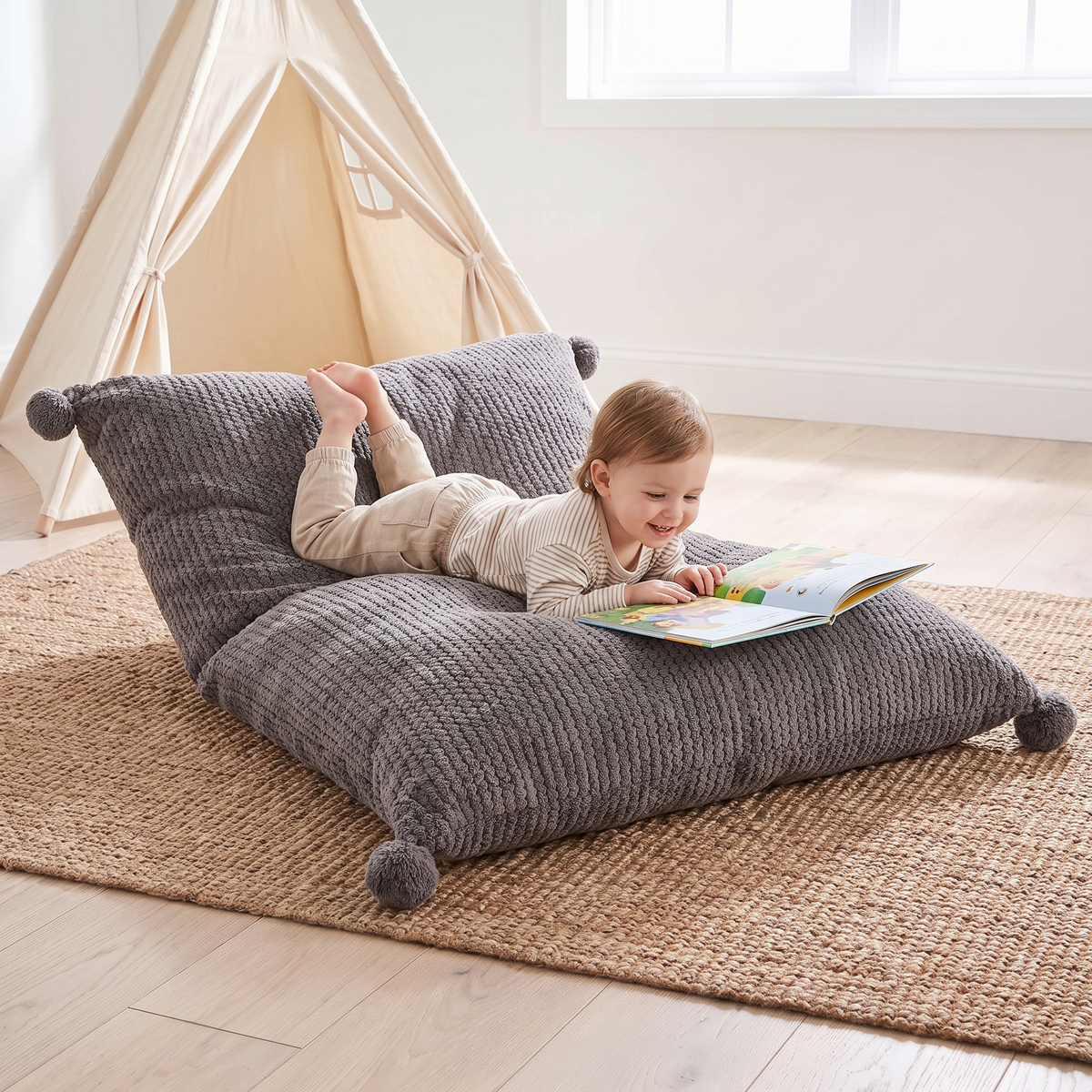 Little Teekie Giant Kids Bean Bag Floor Pillow Cover | Waffle Cord 90x70cm, Machine Washable – Charcoal – in use, shows scale