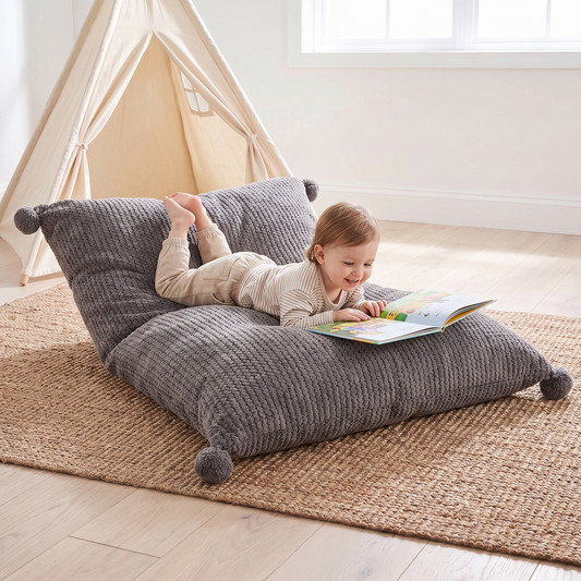 Little Teekie Giant Kids Bean Bag Floor Pillow Cover | Waffle Cord 90x70cm, Machine Washable – Charcoal – in use, shows scale