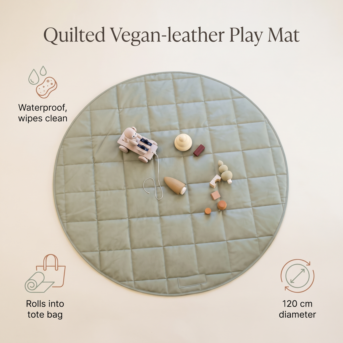 Little Teekie Vegan Leather Quilted Round Play Mat | Waterproof 120cm with Tote – Sage – key features
