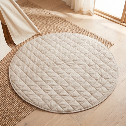 Little Teekie Quilted French Linen Round Play Mat | 115cm, Machine Washable – Natural – lifestyle hero