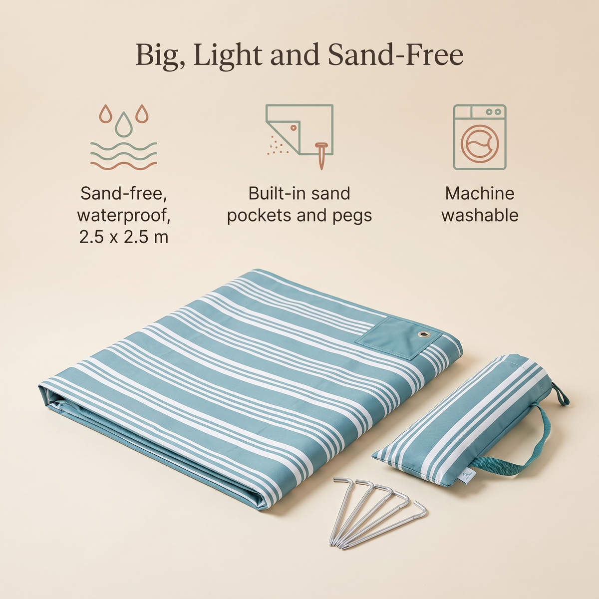 Little Teekie Sand-Free Beach Mat | 2.5x2.5m Kit with Pegs & Wash Bag – Stripe – key features