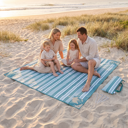 Little Teekie Sand-Free Beach Mat | 2.5x2.5m Kit with Pegs & Wash Bag – Stripe – in use, shows scale