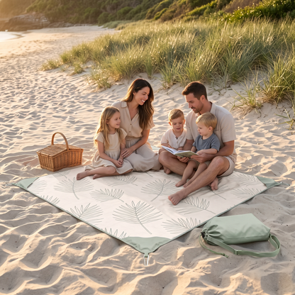 Little Teekie Sand-Free Beach Mat | 2.5x2.5m Kit with Pegs & Wash Bag – Palm Print – in use, shows scale