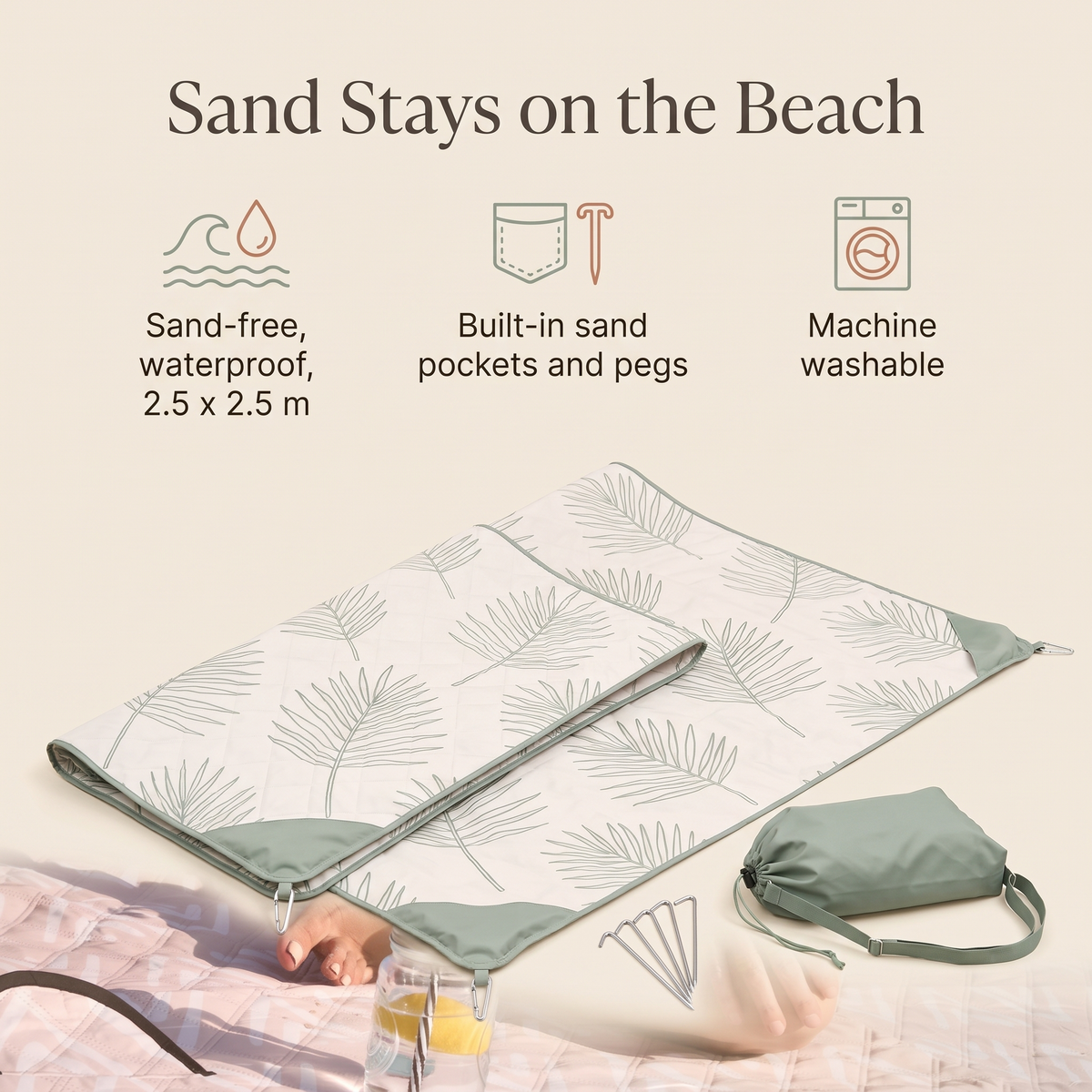 Little Teekie Sand-Free Beach Mat | 2.5x2.5m Kit with Pegs & Wash Bag – Palm Print – key features