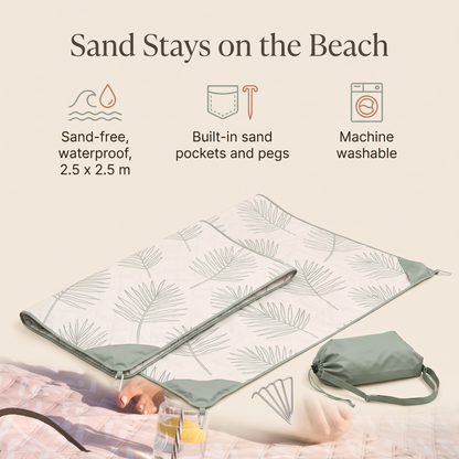 Little Teekie Sand-Free Beach Mat | 2.5x2.5m Kit with Pegs & Wash Bag – Palm Print – key features