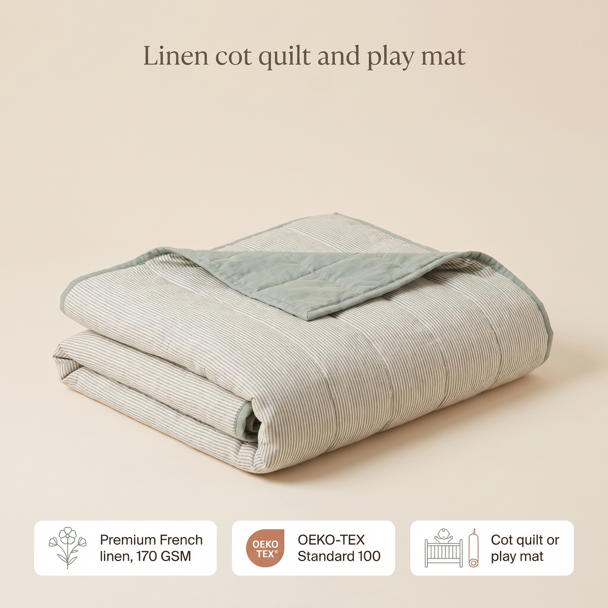 Little Teekie Linen Cot Quilt & Play Mat 2-in-1 | French Linen 100x120cm – Natural – key features