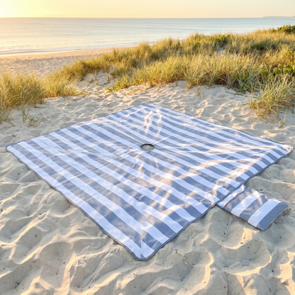 Little Teekie Sand-Free Beach Mat | XL 3.3x3.3m with Umbrella Hole & Beach Bag – Cool Grey Stripe – lifestyle hero
