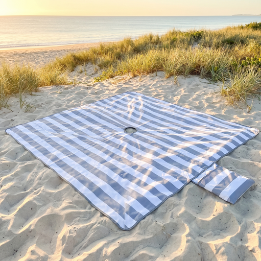 Little Teekie Sand-Free Beach Mat | XL 3.3x3.3m with Umbrella Hole & Beach Bag – Cool Grey Stripe – lifestyle hero