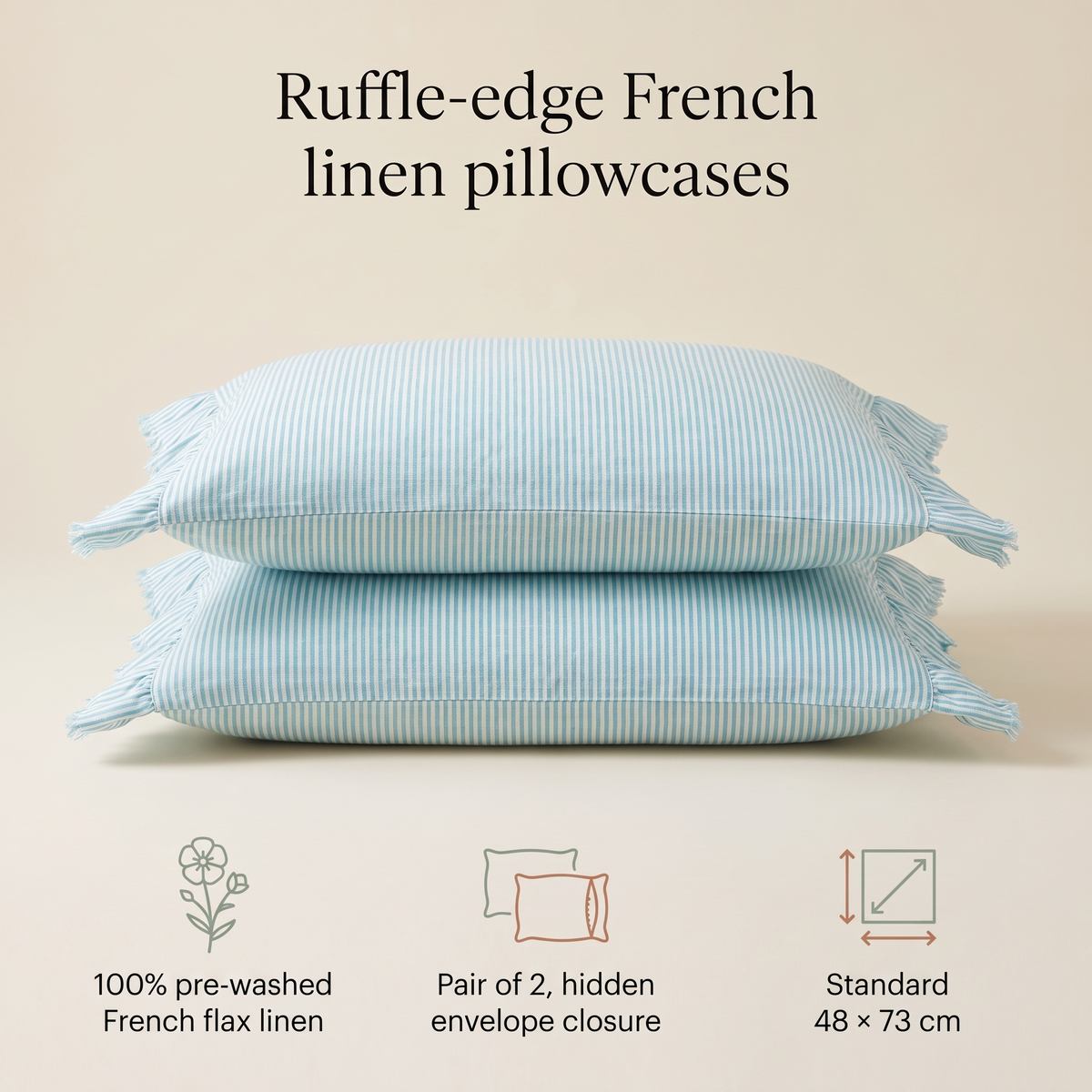 Little Teekie Ruffle-Edge Linen Pillowcase Pair | Standard 48x73cm – Lagoon Stripe – key features