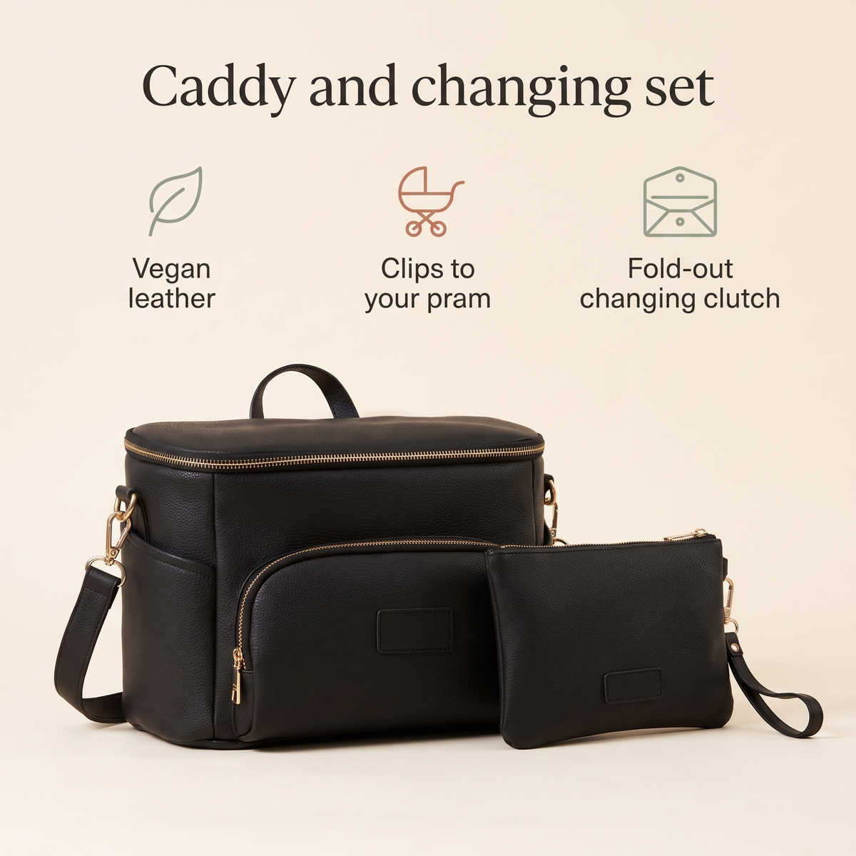 Little Teekie Pram Caddy & Changing Set Bundle | Vegan Leather Convertible Caddy with 3-Piece Set – Black – key features