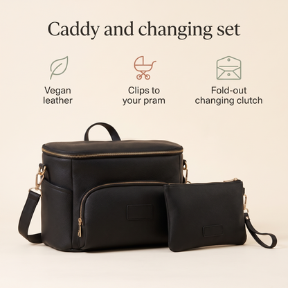 Little Teekie Pram Caddy & Changing Set Bundle | Vegan Leather Convertible Caddy with 3-Piece Set – Black – key features