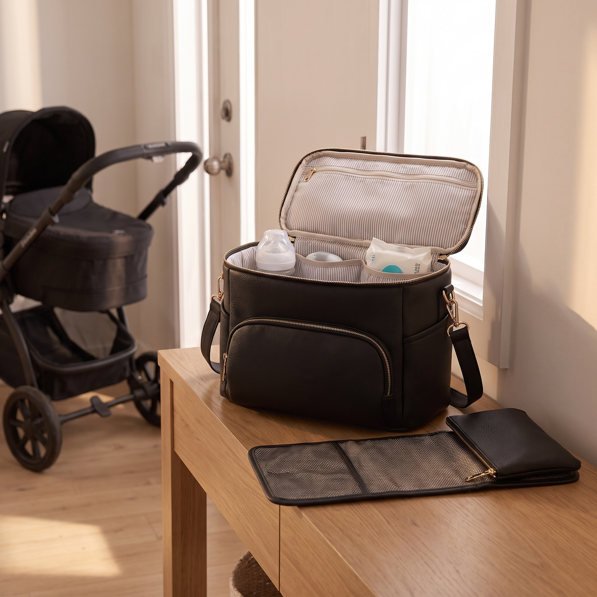 Little Teekie Pram Caddy & Changing Set Bundle | Vegan Leather Convertible Caddy with 3-Piece Set – Black – styled in a park setting