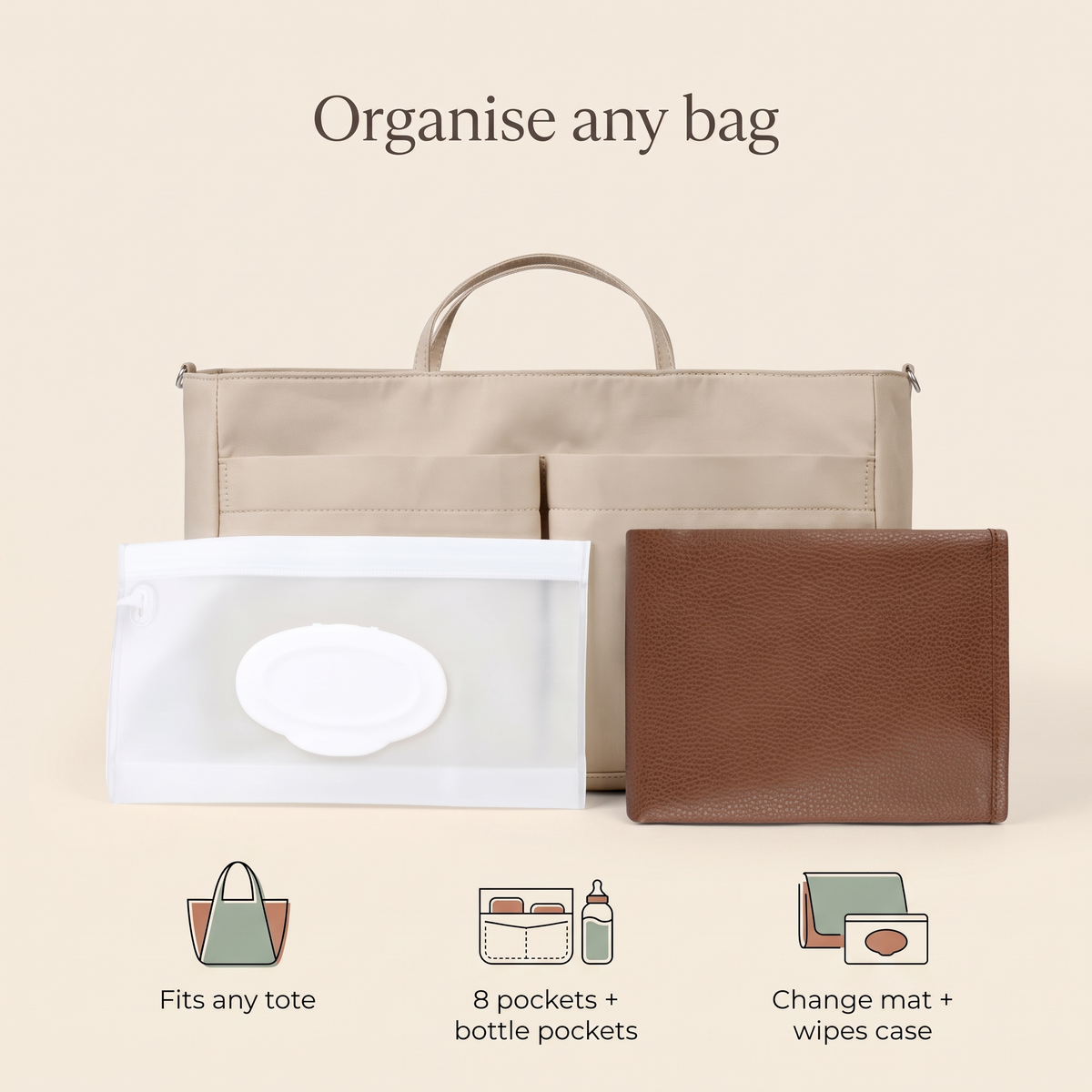 Little Teekie Nappy Bag Organiser Trio | 8-Pocket Insert, Vegan Leather Change Mat & Silicone Wipes Case – Neutral – key features