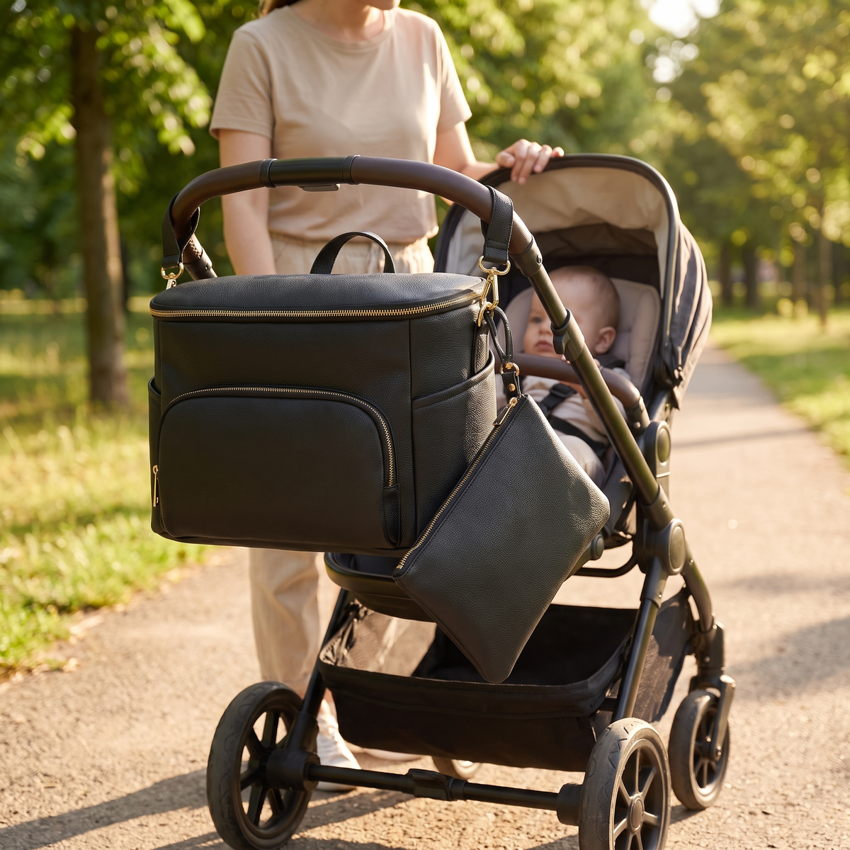 Little Teekie Pram Caddy & Changing Set Bundle | Vegan Leather Convertible Caddy with 3-Piece Set – Black – in use, shows scale