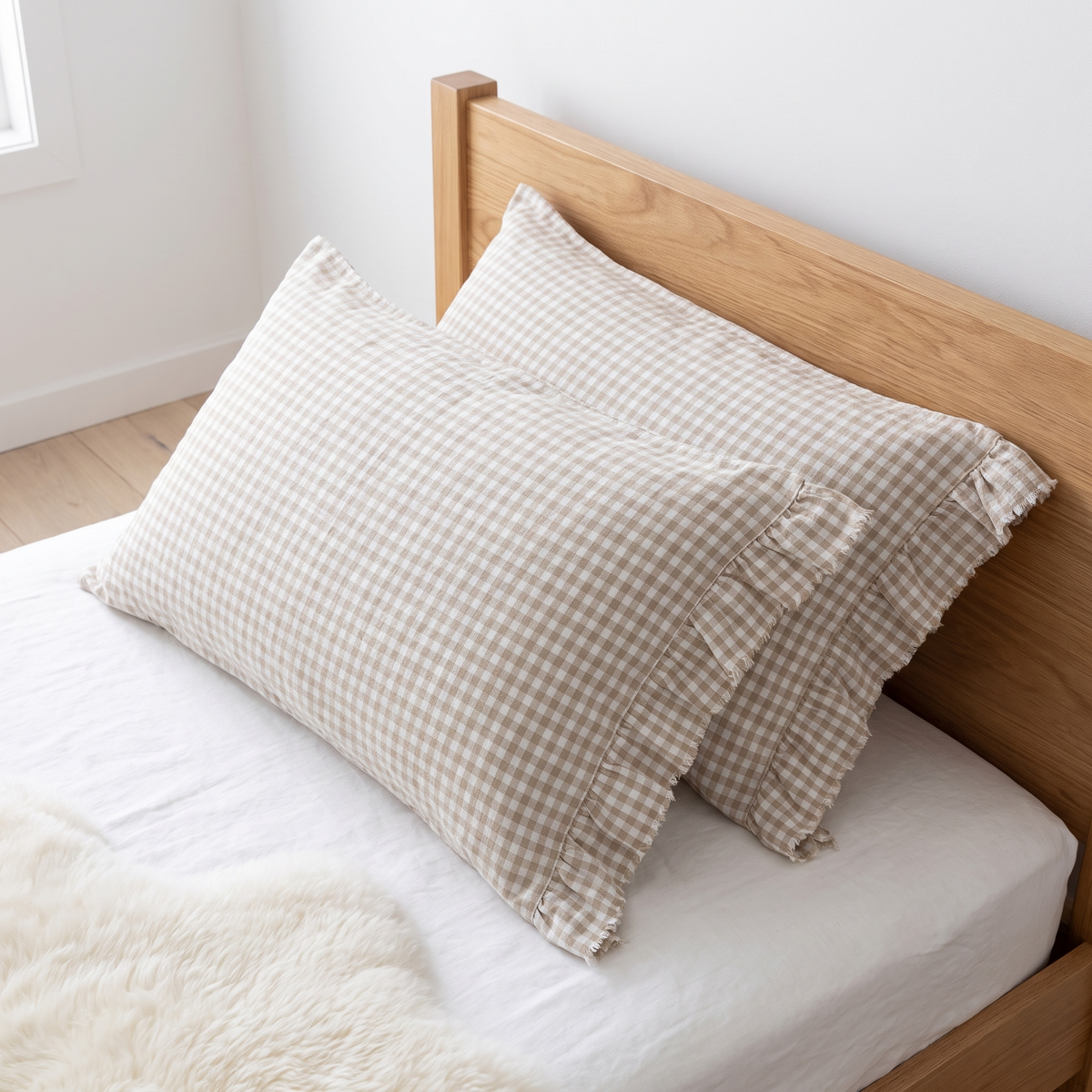 Little Teekie Ruffle-Edge Linen Pillowcase Pair | Standard 48x73cm – Oat Gingham – lifestyle hero