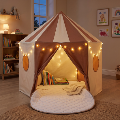 Little Teekie Pop-Up Pavilion & Play Mat Bundle | Cotton Canvas Tent & Round Quilted Mat – Terracotta – styled in a backyard