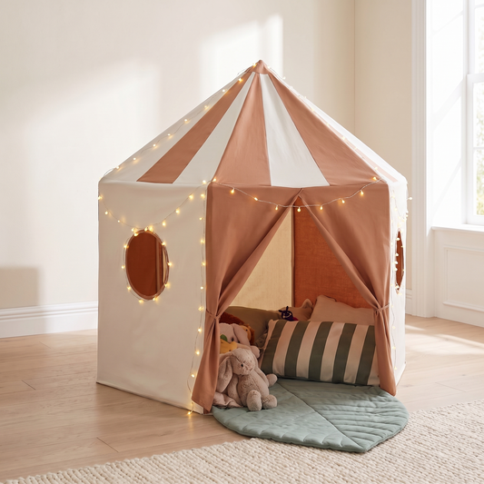 Little Teekie Pavilion Play Bundle | Pop-Up Tent, Leaf Play Mat & USB Fairy Lights – Terracotta – lifestyle hero