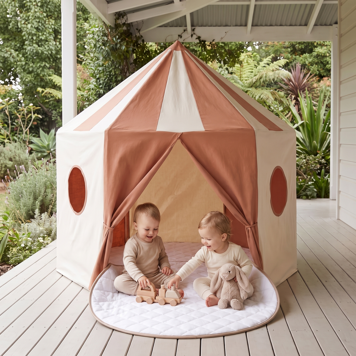 Little Teekie Pop-Up Pavilion & Play Mat Bundle | Cotton Canvas Tent & Round Quilted Mat – Terracotta – in use, shows scale