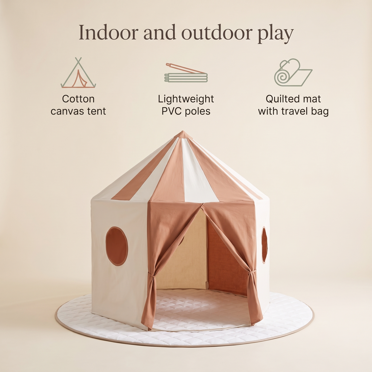 Little Teekie Pop-Up Pavilion & Play Mat Bundle | Cotton Canvas Tent & Round Quilted Mat – Terracotta – key features