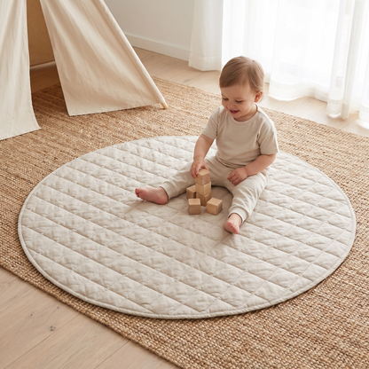 Little Teekie Quilted French Linen Round Play Mat | 115cm, Machine Washable – Natural – in use, shows scale