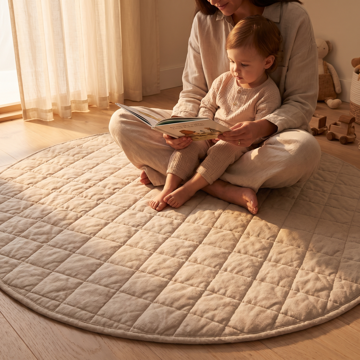 Little Teekie Quilted French Linen Round Play Mat | 115cm, Machine Washable – Natural – styled in a nursery