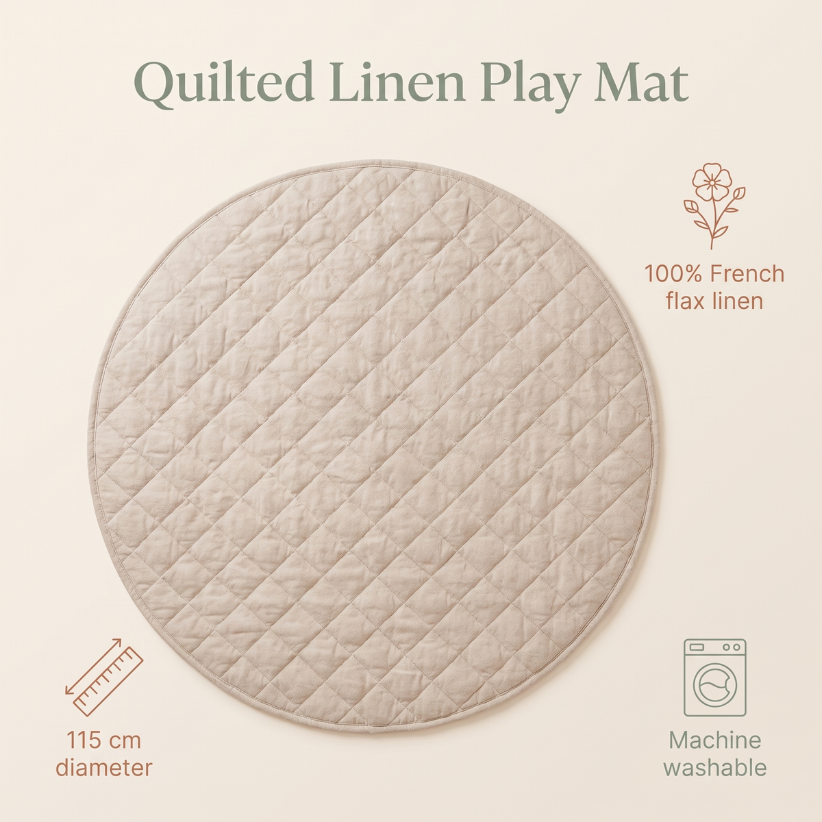 Little Teekie Quilted French Linen Round Play Mat | 115cm, Machine Washable – Natural – key features