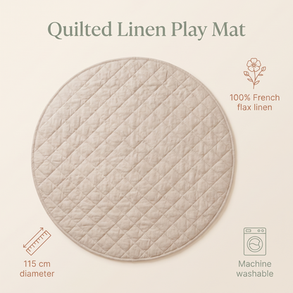 Little Teekie Quilted French Linen Round Play Mat | 115cm, Machine Washable – Natural – key features