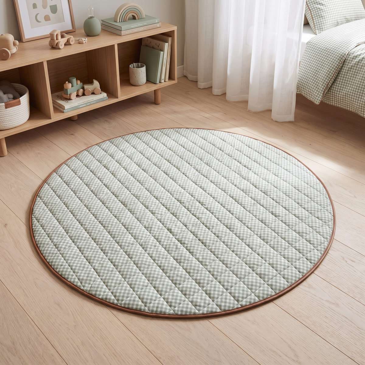 Little Teekie Quilted Cotton Round Play Mat | Tassel Trim 110cm – Sage Gingham – lifestyle hero