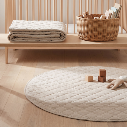 Little Teekie Spare Linen Play Mat Cover | Fits 115cm Round Mat, Machine Washable – Natural – styled in a nursery