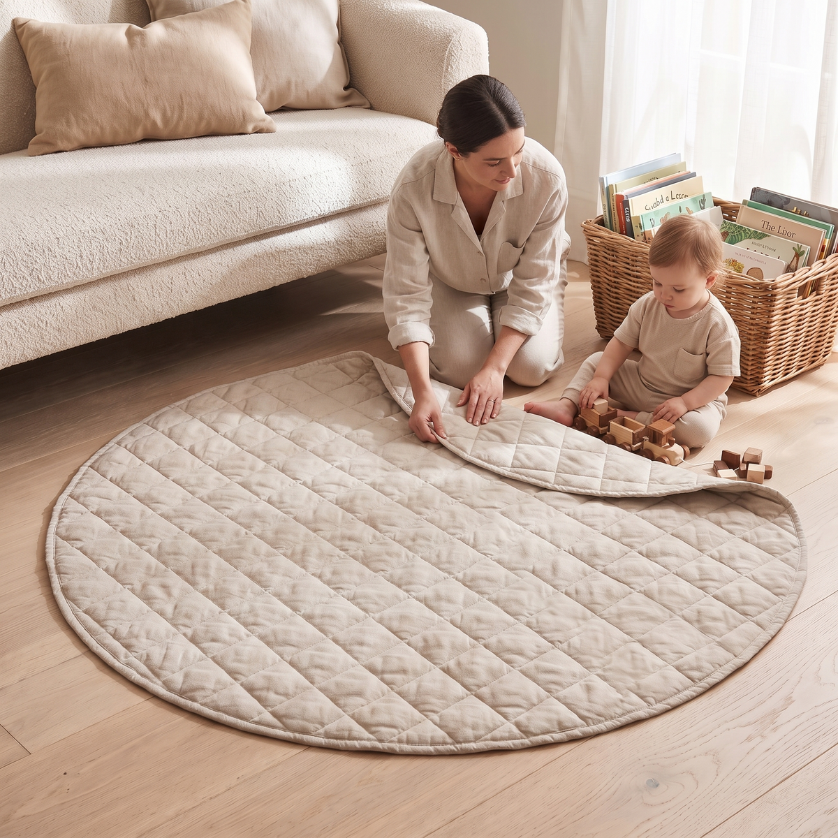 Little Teekie Spare Linen Play Mat Cover | Fits 115cm Round Mat, Machine Washable – Natural – in use, shows scale