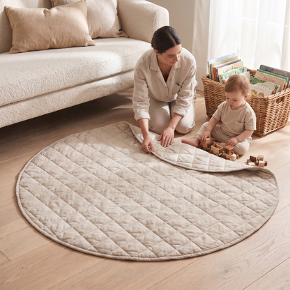 Little Teekie Spare Linen Play Mat Cover | Fits 115cm Round Mat, Machine Washable – Natural – in use, shows scale