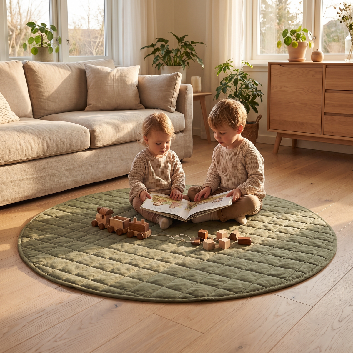Little Teekie Quilted French Linen Round Play Mat | 115cm, Machine Washable – Olive – styled in a living room