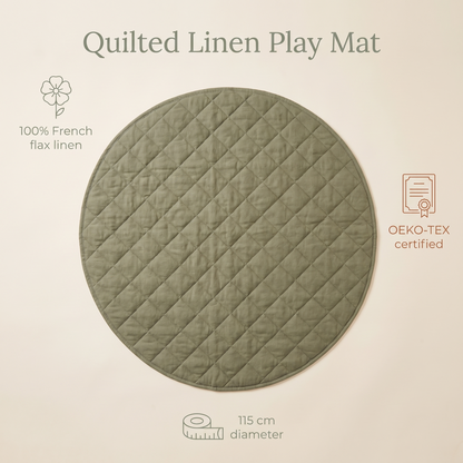 Little Teekie Quilted French Linen Round Play Mat | 115cm, Machine Washable – Olive – key features