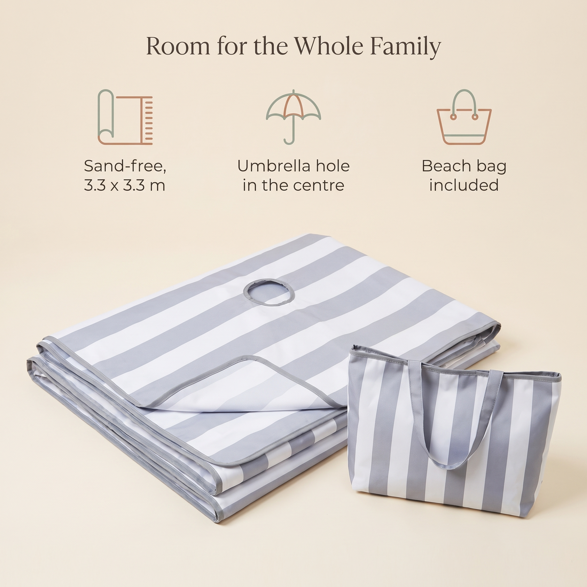 Little Teekie Sand-Free Beach Mat | XL 3.3x3.3m with Umbrella Hole & Beach Bag – Cool Grey Stripe – key features
