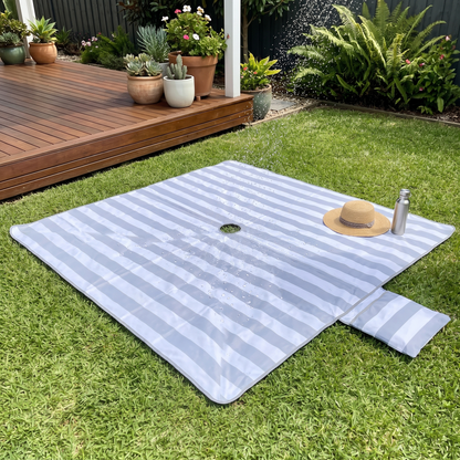 Little Teekie Sand-Free Beach Mat | XL 3.3x3.3m with Umbrella Hole & Beach Bag – Cool Grey Stripe – styled at the beach