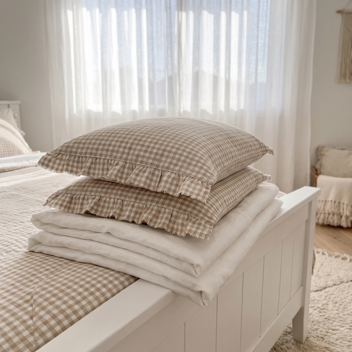 Little Teekie Ruffle-Edge Linen Pillowcase Pair | Standard 48x73cm – Oat Gingham – styled in a kids' bedroom