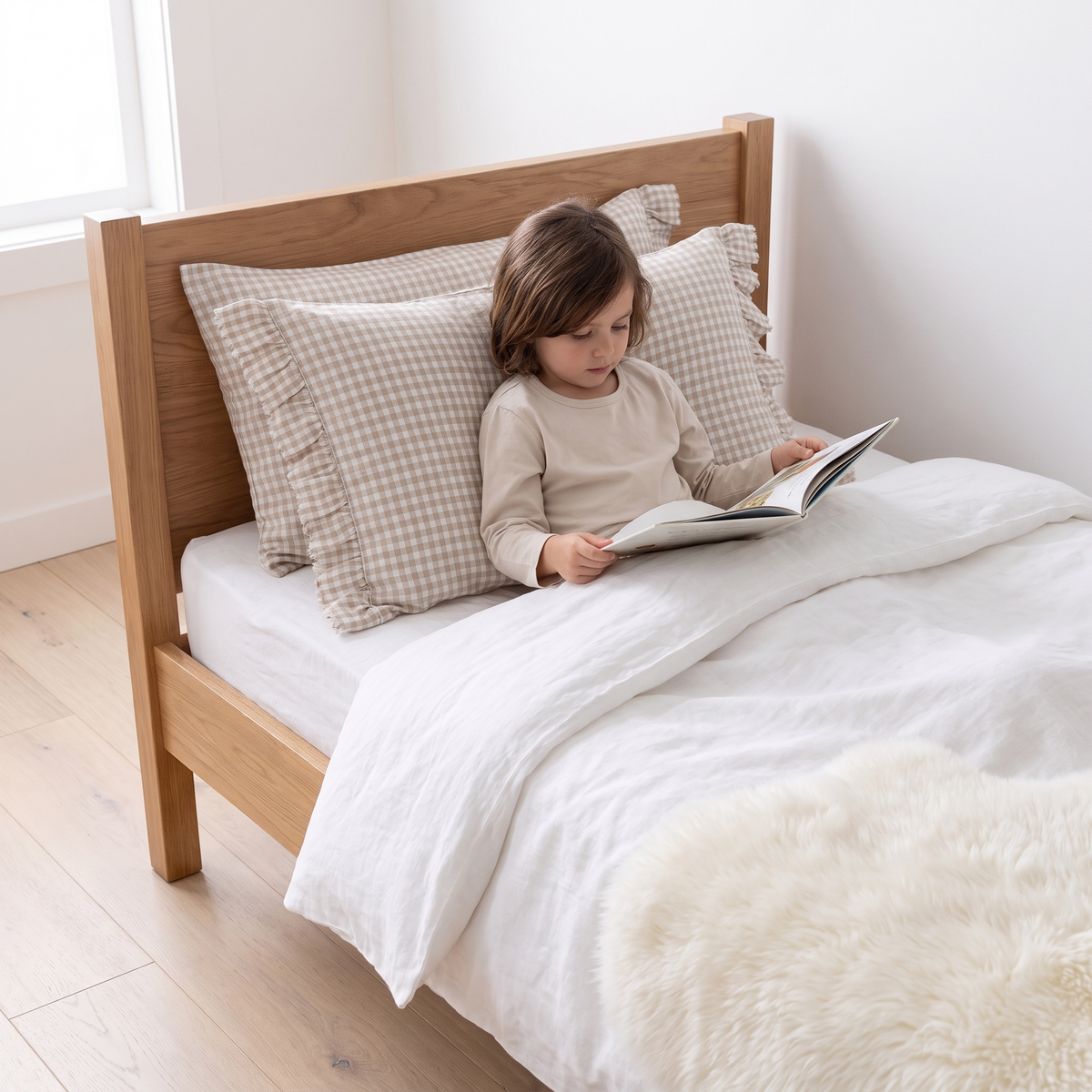 Little Teekie Ruffle-Edge Linen Pillowcase Pair | Standard 48x73cm – Oat Gingham – in use, shows scale