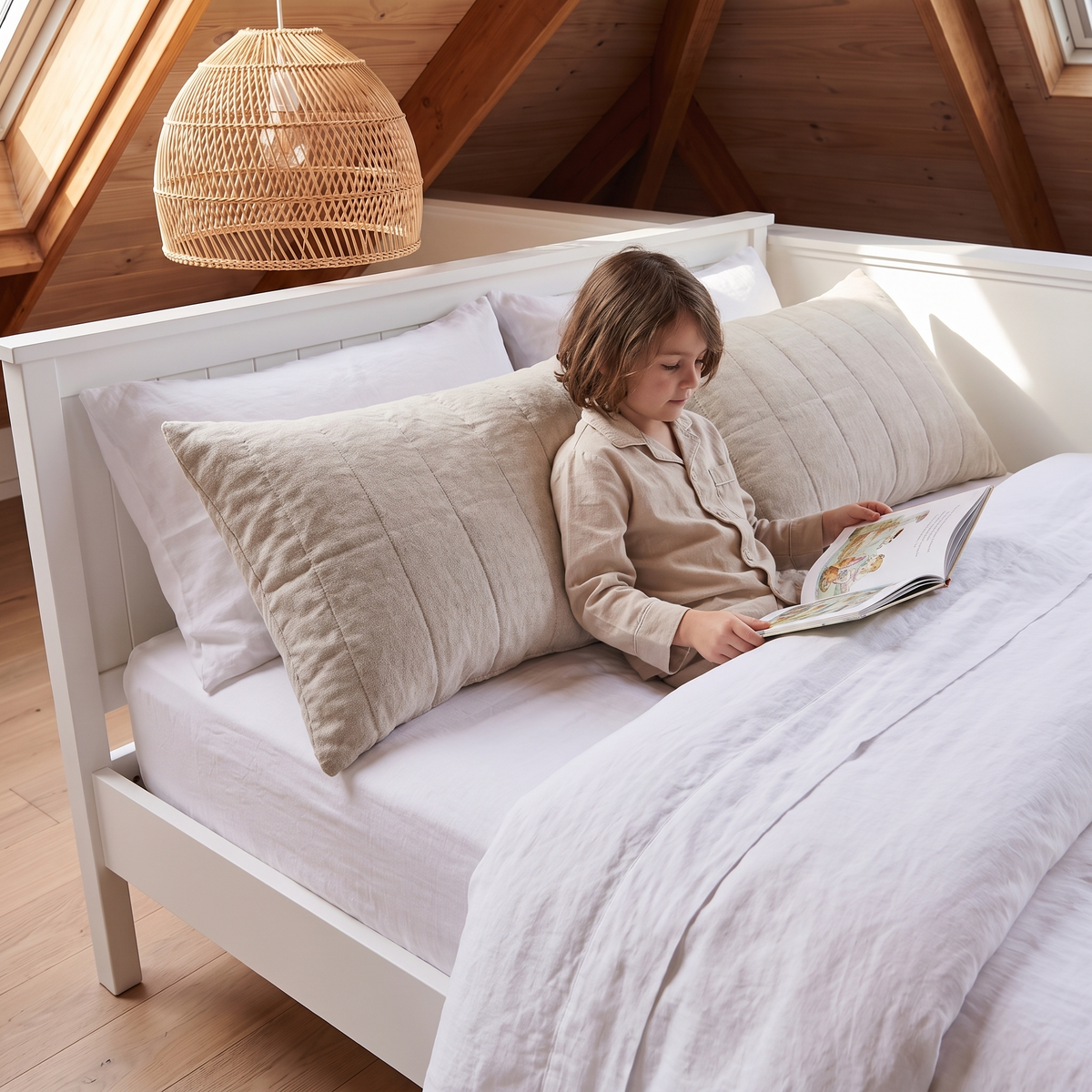 Little Teekie Quilted Linen Pillowcase Pair | Standard 50x73cm, Cotton Fill – Natural – in use, shows scale