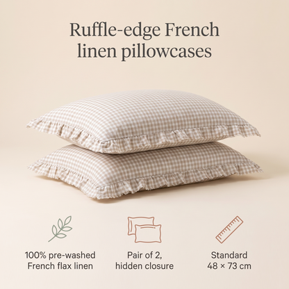 Little Teekie Ruffle-Edge Linen Pillowcase Pair | Standard 48x73cm – Oat Gingham – key features