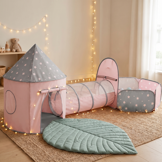 Little Teekie Play Tent, Tunnel & Ball Pit Bundle | 3-in-1 Set with Leaf Play Mat – Grey – lifestyle hero