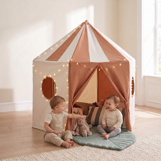 Little Teekie Pavilion Play Bundle | Pop-Up Tent, Leaf Play Mat & USB Fairy Lights – Terracotta – in use, shows scale