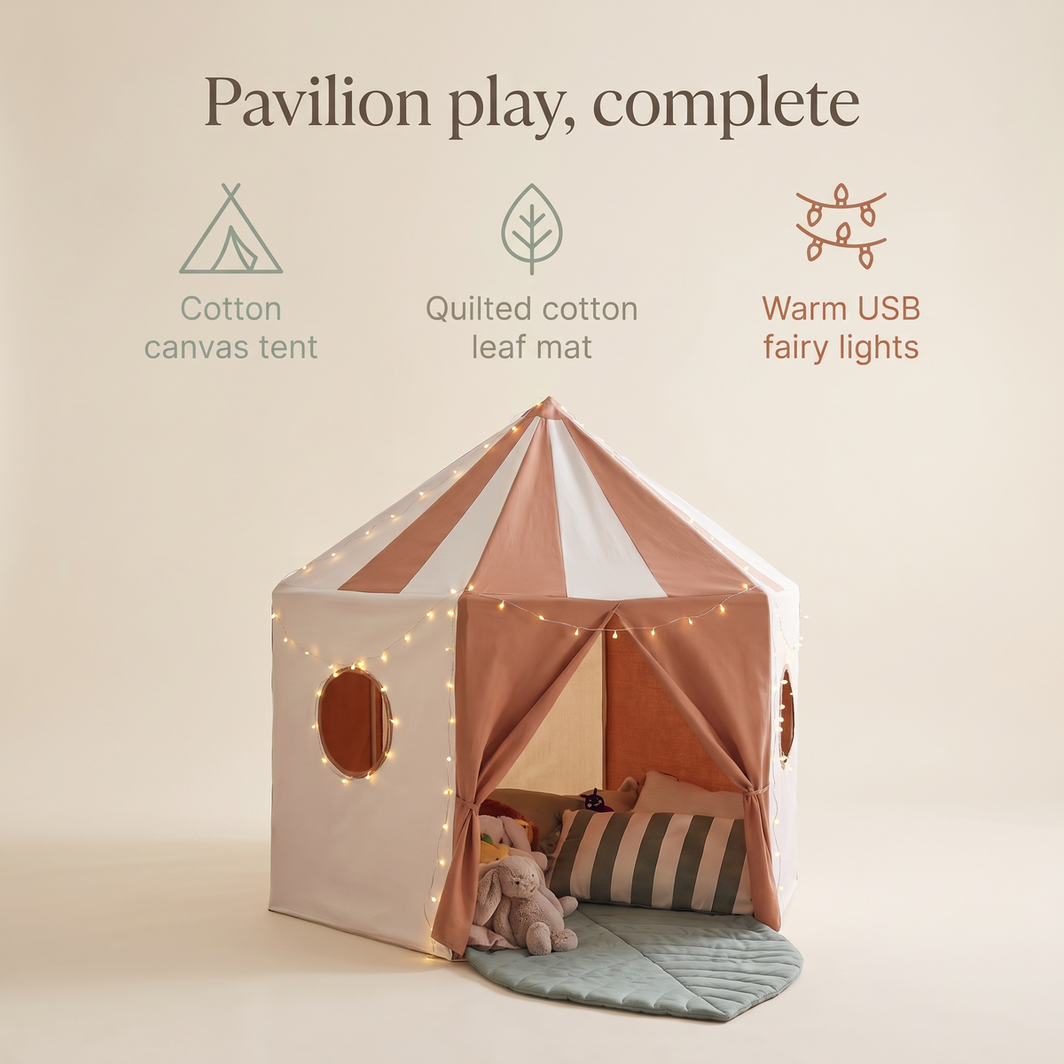 Little Teekie Pavilion Play Bundle | Pop-Up Tent, Leaf Play Mat & USB Fairy Lights – Terracotta – key features
