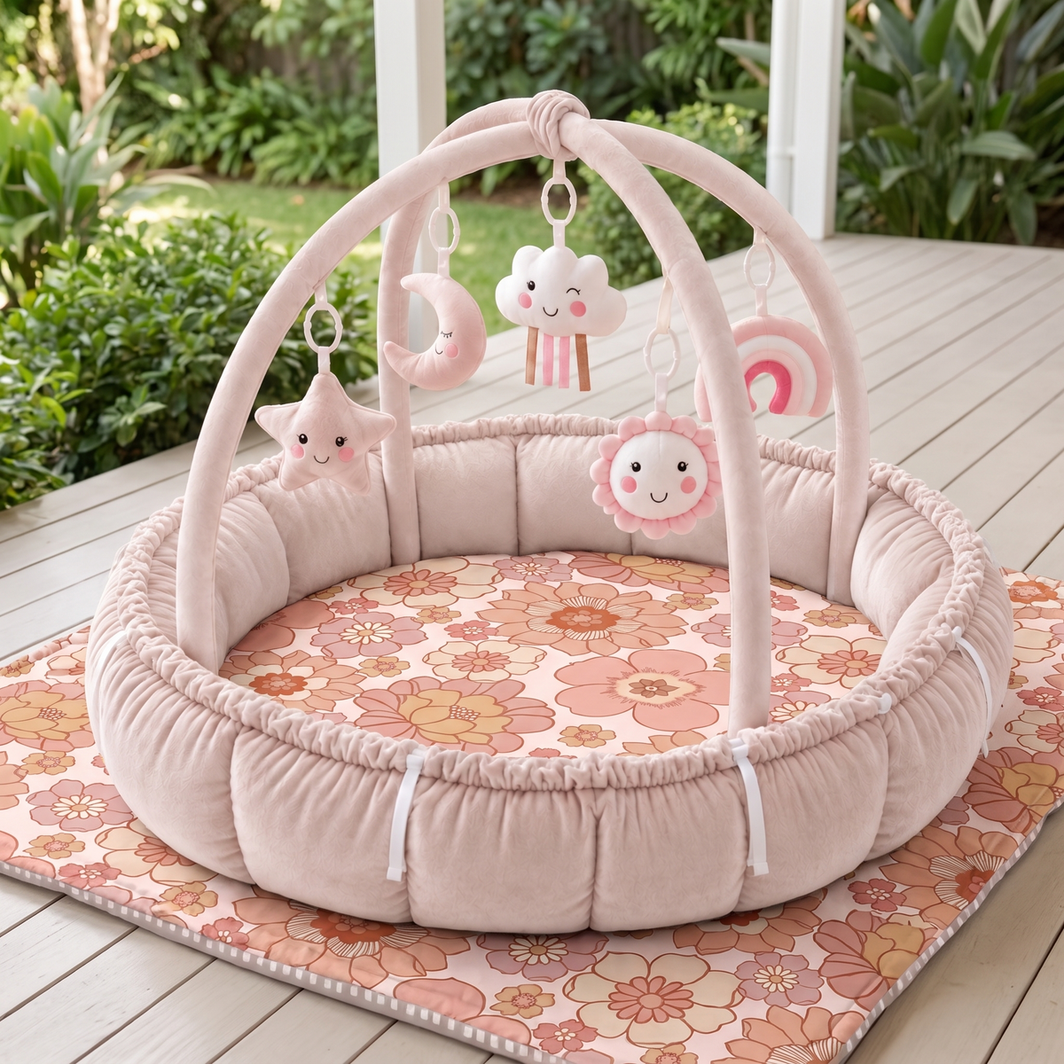 Little Teekie Play Gym & Mat Bundle | 5-in-1 Plush Play Gym & Organic Cotton Padded Mat – Blooms – lifestyle hero