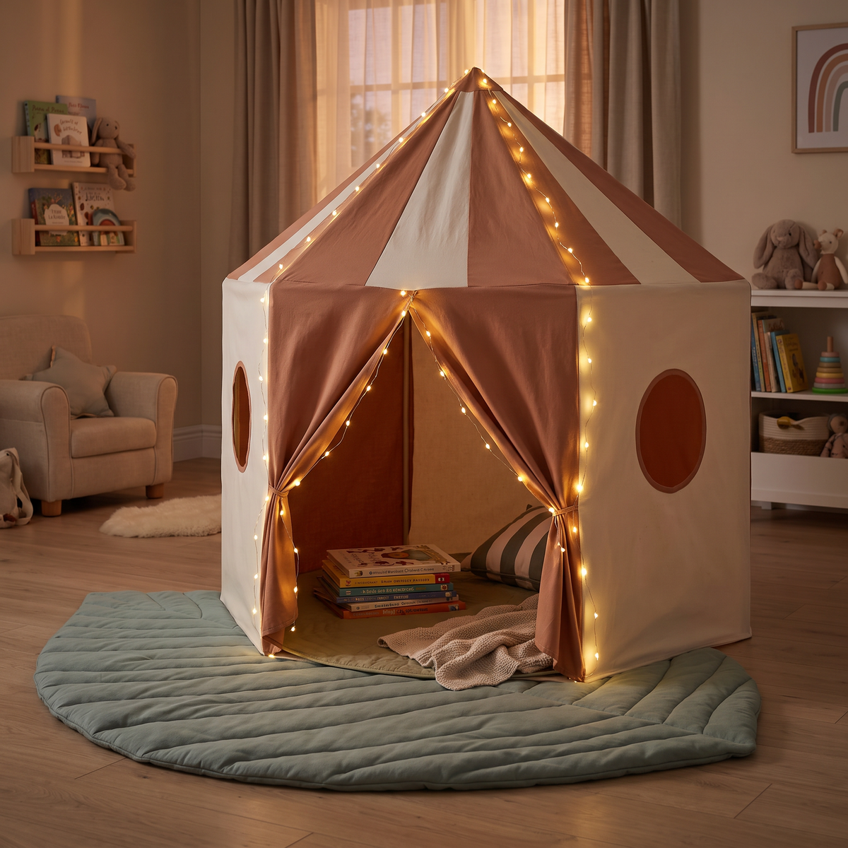 Little Teekie Pavilion Play Bundle | Pop-Up Tent, Leaf Play Mat & USB Fairy Lights – Terracotta – styled in a backyard