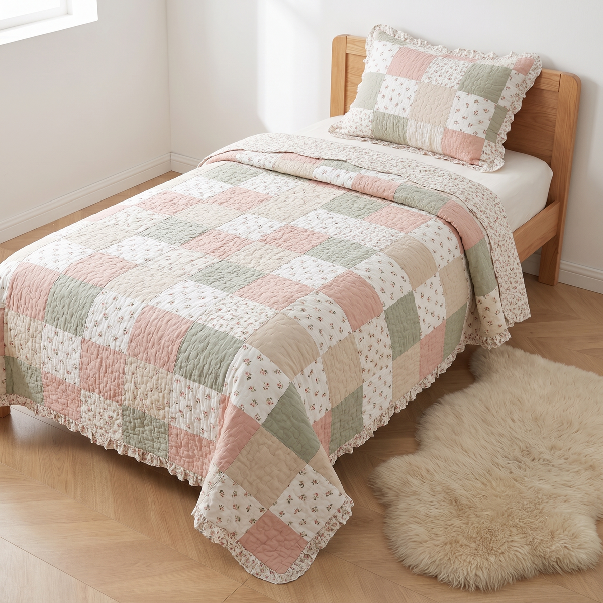 Little Teekie Ruffle Quilted Cotton Coverlet Set | King Single, Light Fill – Blush Floral Patchwork – lifestyle hero